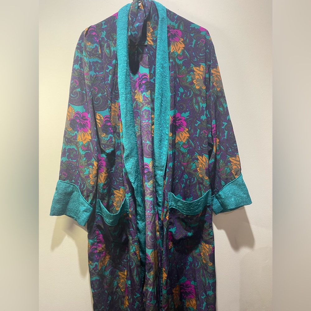 Victoria's Secret Vintage Gold Label Kimono Robe Blue Floral Lace Size S/M